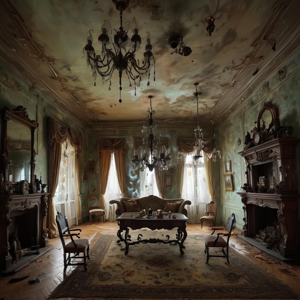 Mischievous Ghosts Play in Mansion, in Impressionism Style