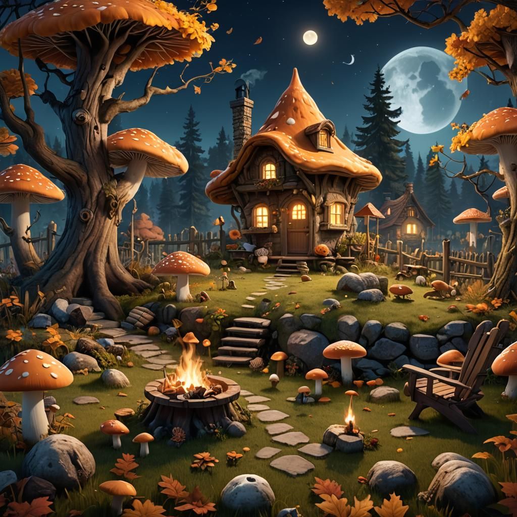 Enchanting Mushroom Cottage Smores Party, Fantasy Art