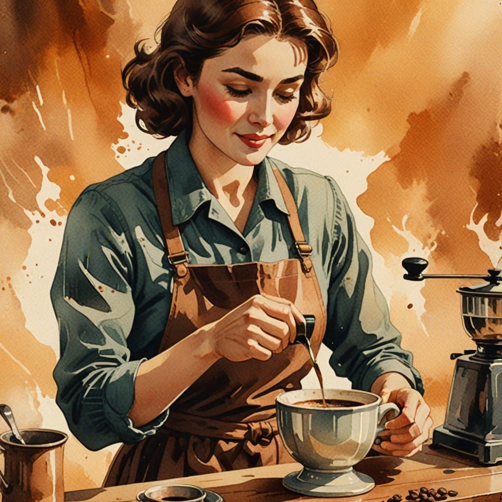Vintage Coffee Poster with Woman Grinding Beans