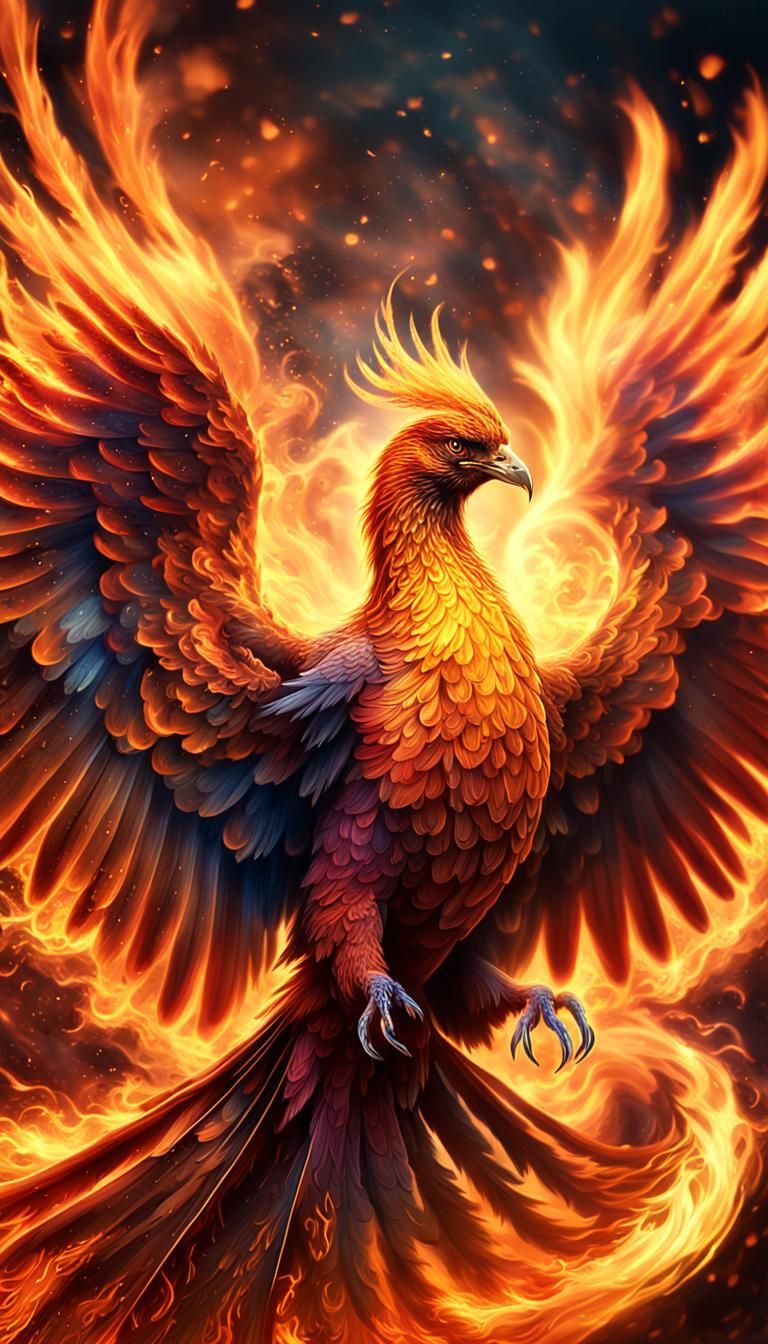 Fiery Phoenix in Flight: Surreal Digital Art