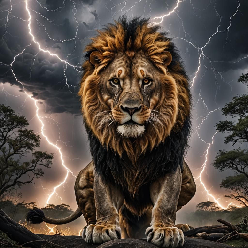 Dramatic Lightning Strikes Around a Majestic Lion