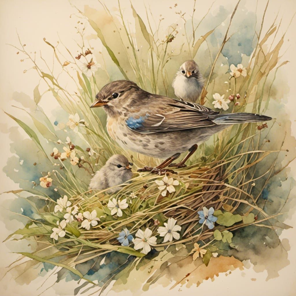 Mother Bird and Babies in Antique Watercolor Style