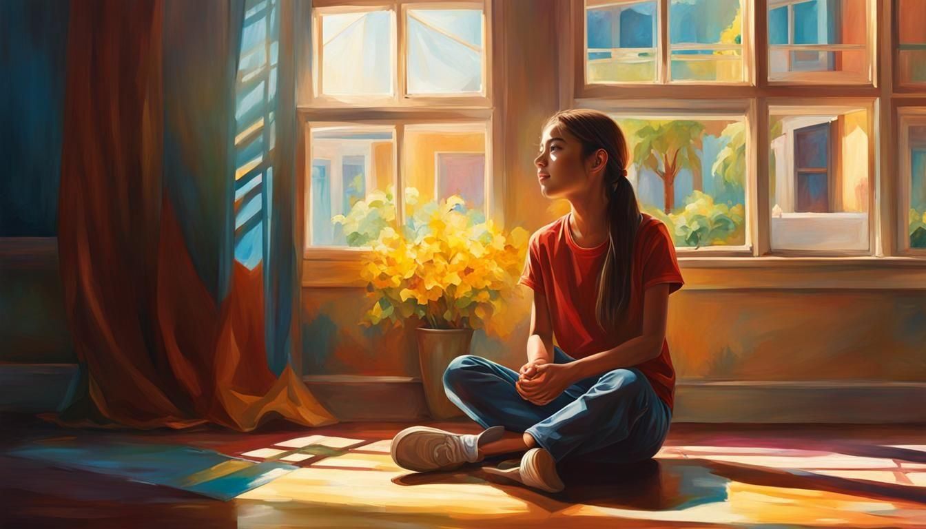 Girl Waiting in Sunlight: Hyperrealistic Splash Art