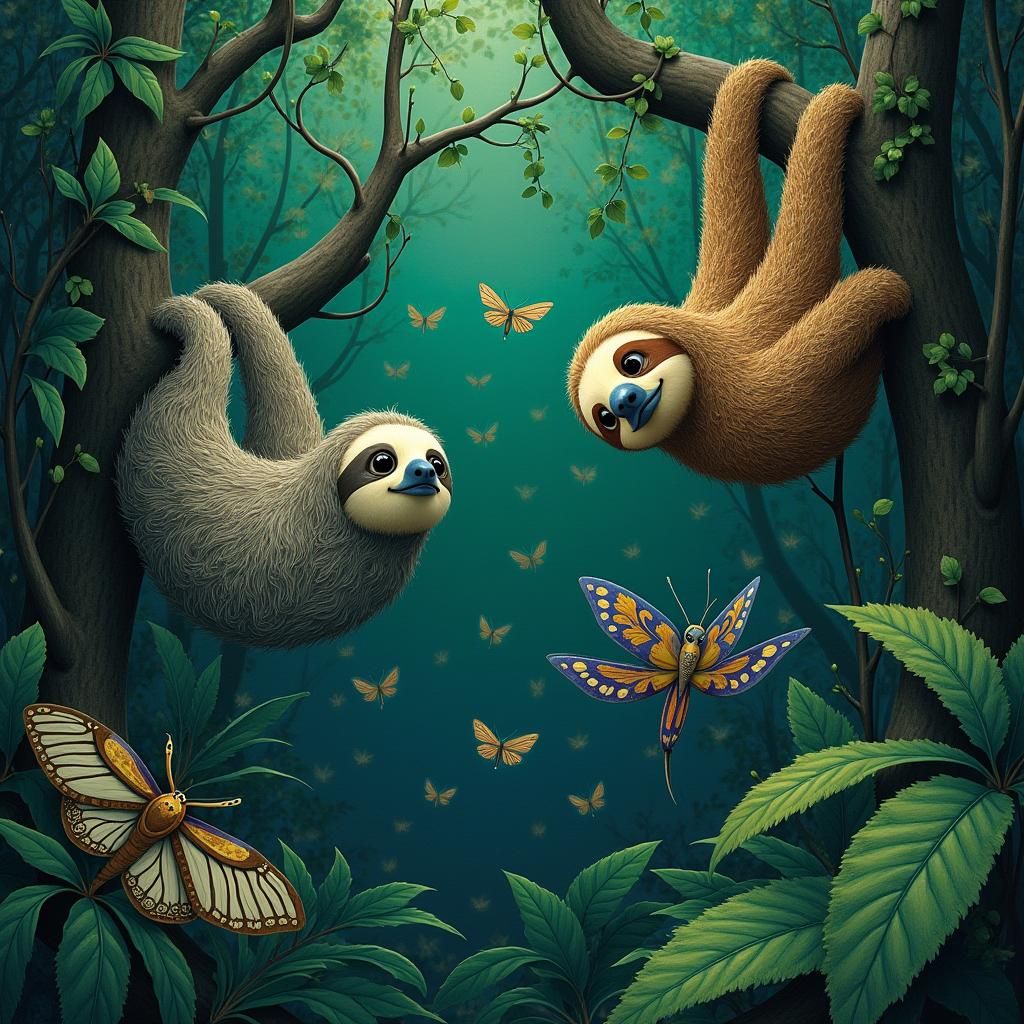 Sloths and Moths in Lush Rainforest Scene