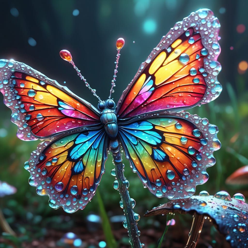 Whimsical Butterfly Lands on a Colorful Mushroom