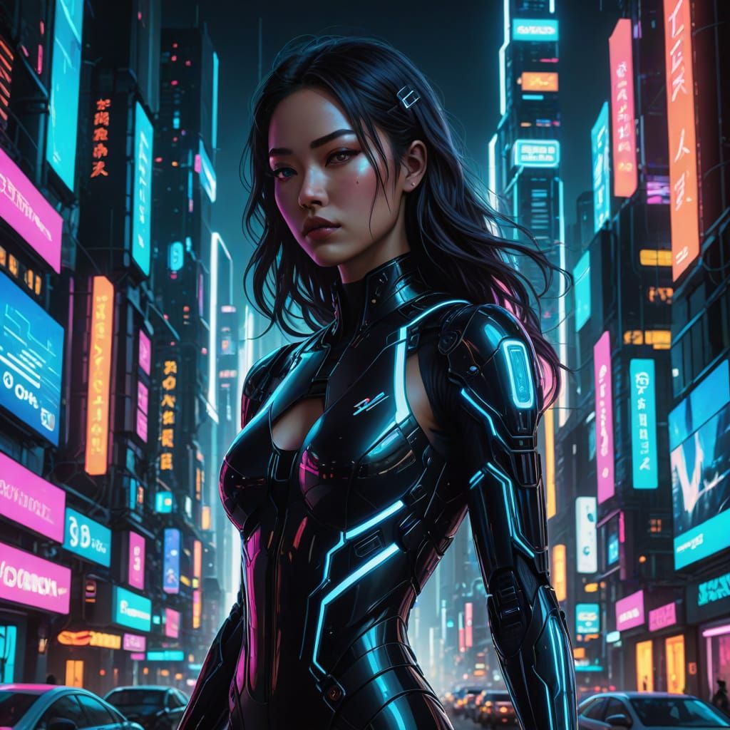 Cyberpunk Woman in Neon-Lit Cityscape with Cybernetic Enhanc...