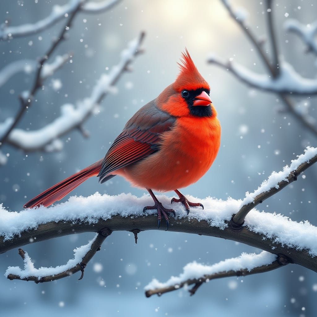 Vivid Cardinal on Snowy Branch in Hyper-Maximalist Style
