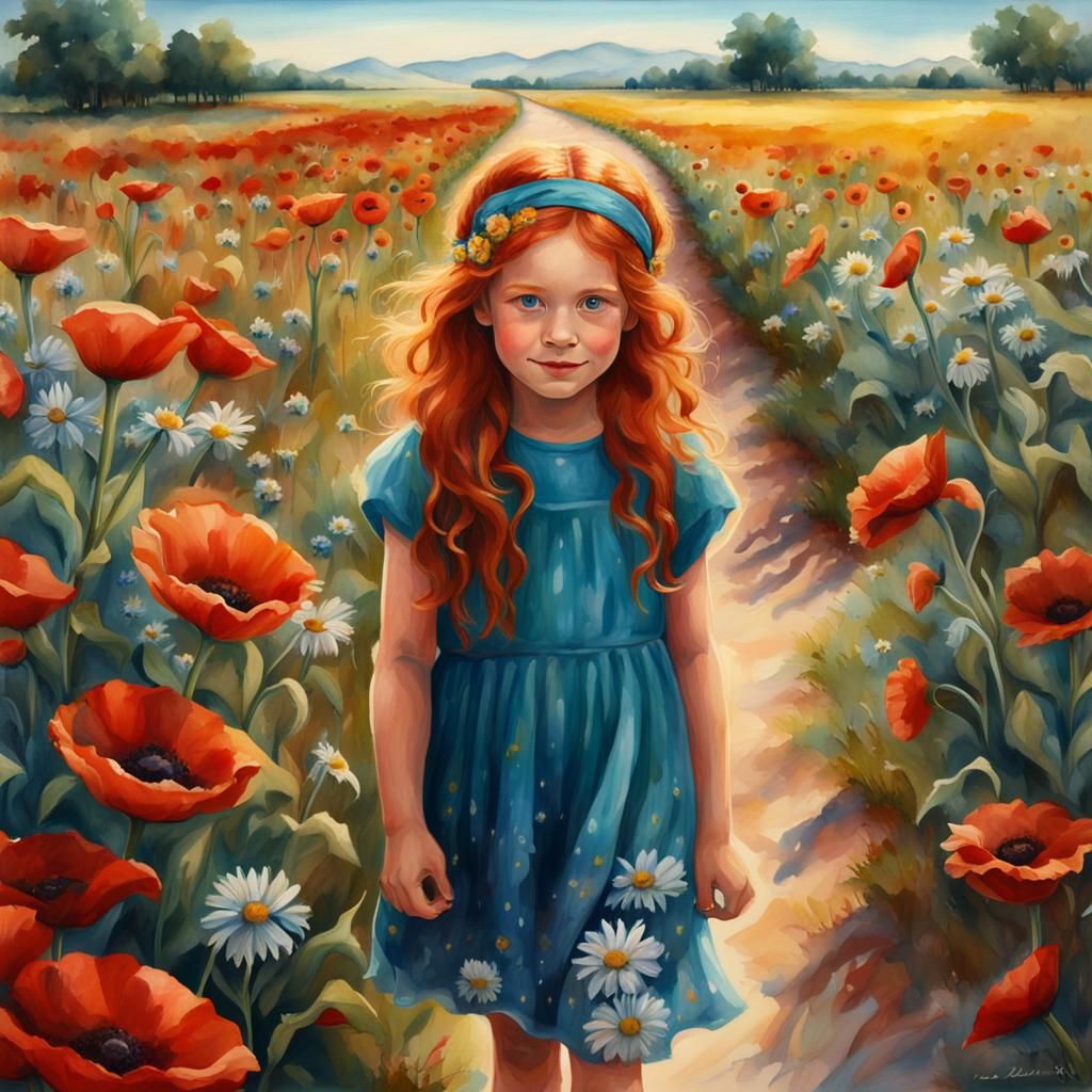 Redhead Girl in Floral Dress, Watercolor Style