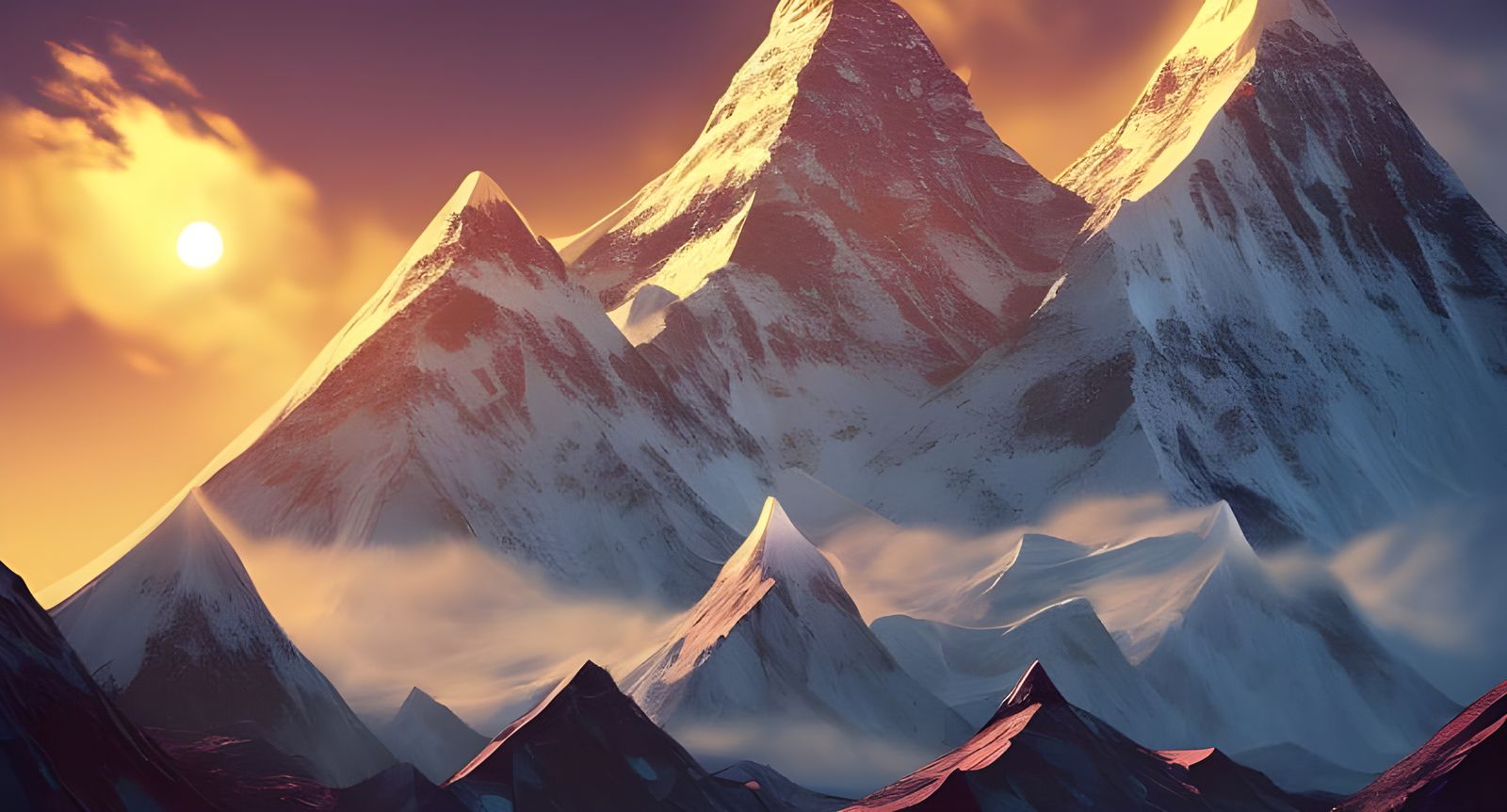 Mount Everest Castle Sunset: Digital Illustration