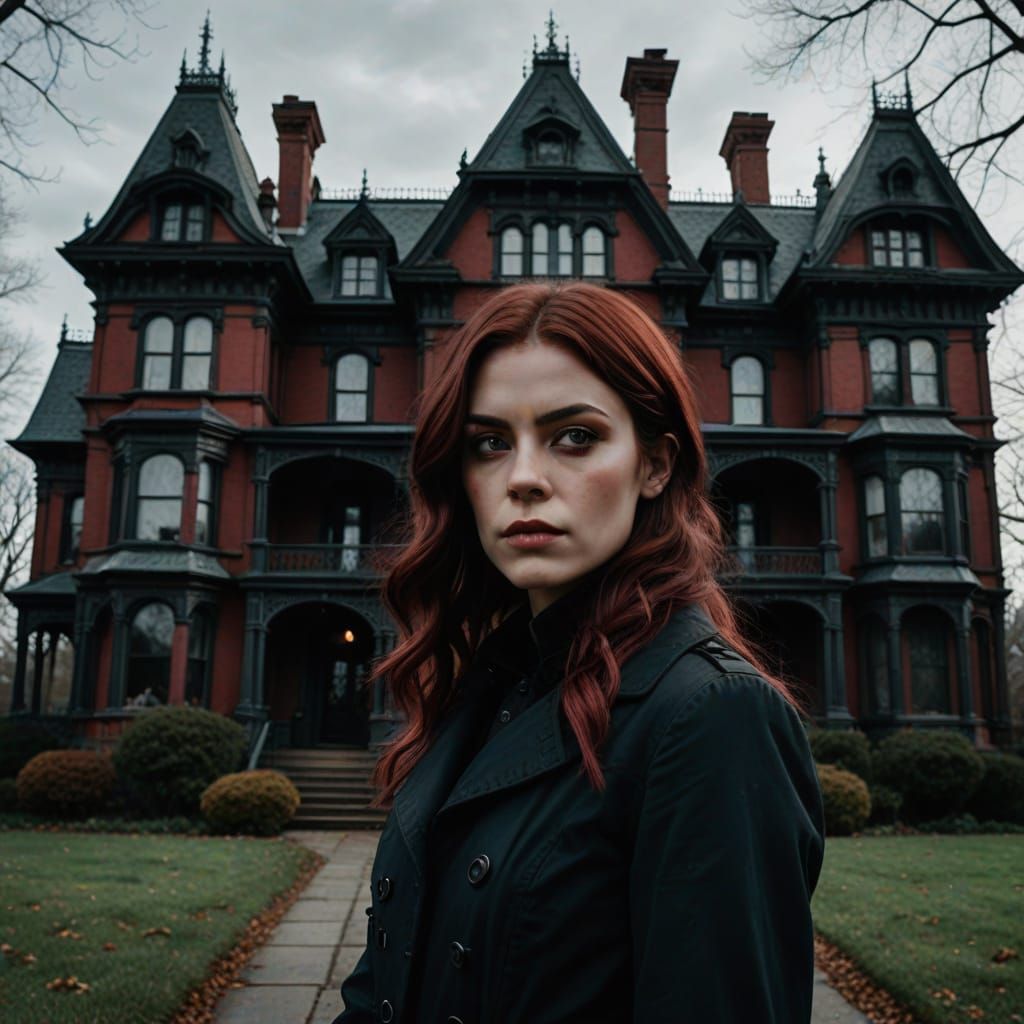 Auburn-Haired Woman in Front of Victorian Mansion