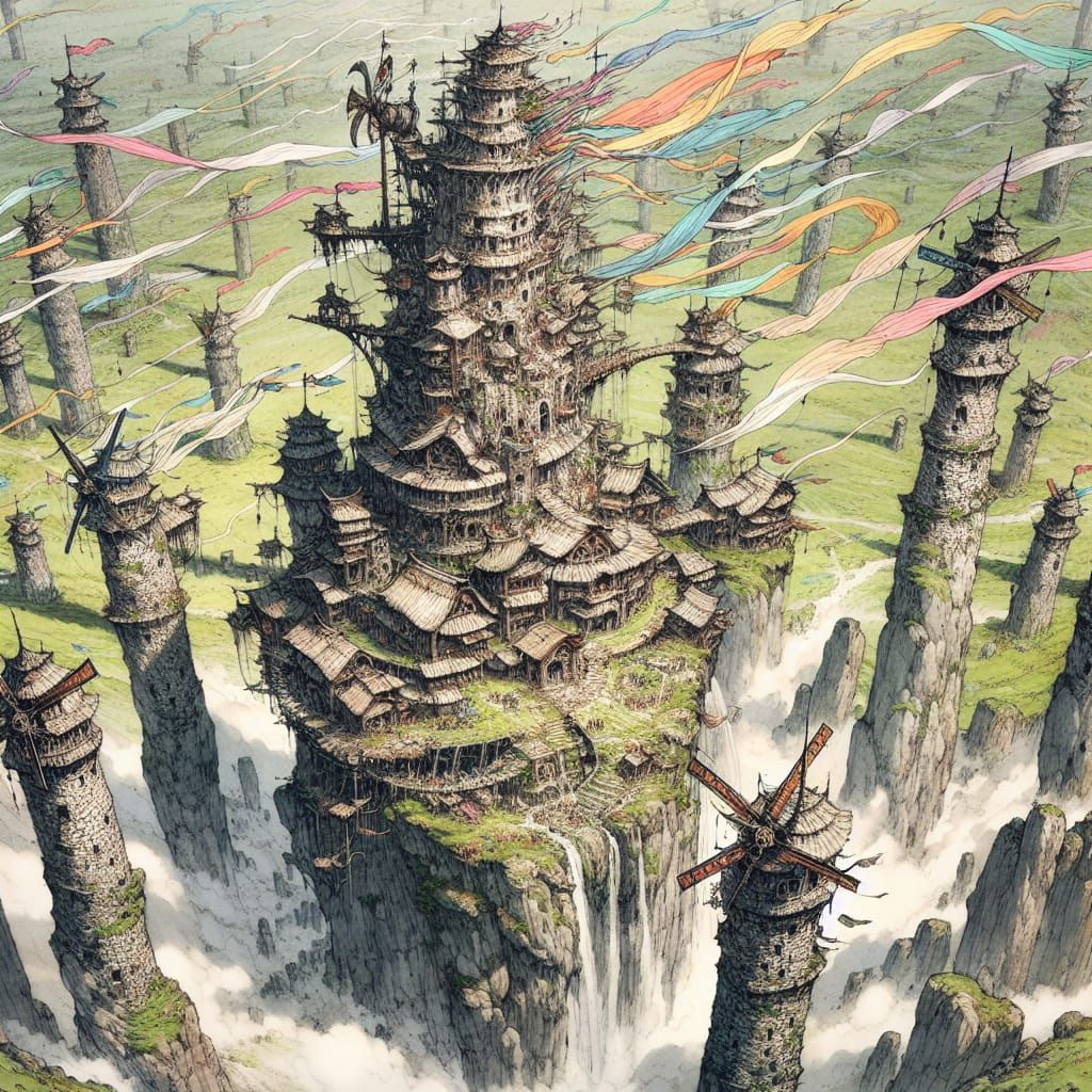 Fantasy Tower Village on Rock Pillar in Watercolor