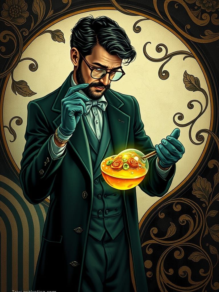 Scientist Inspects Jellied Aspic in Art Nouveau Style