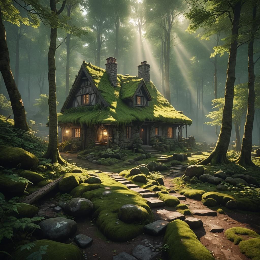 Mystical Forest House with Sunlight, 3D Render