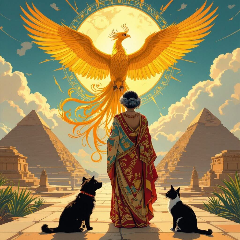 A great golden Phoenix Rising, amongst the great pyramids of...