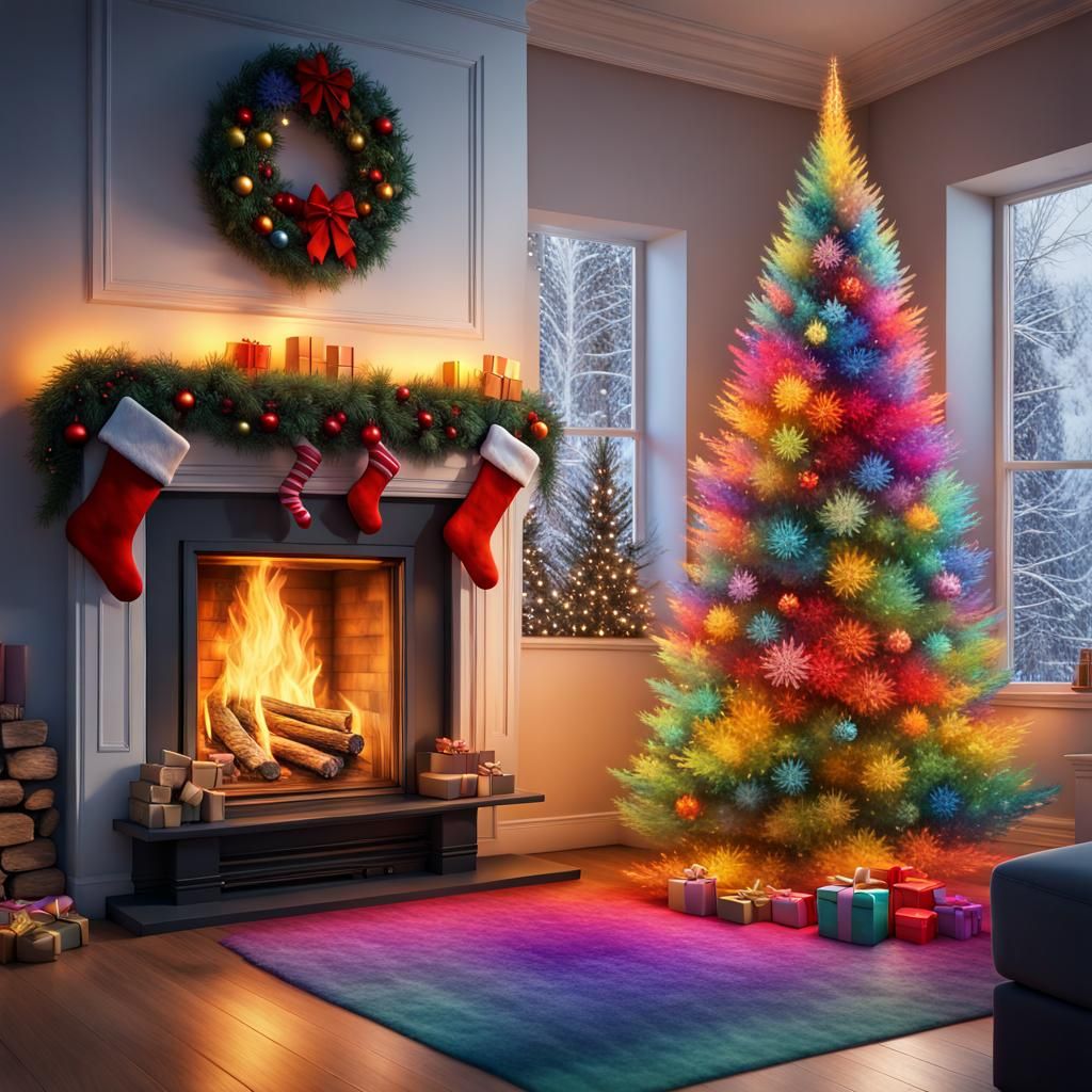 Rainbow Crystal Christmas Tree by Fireplace