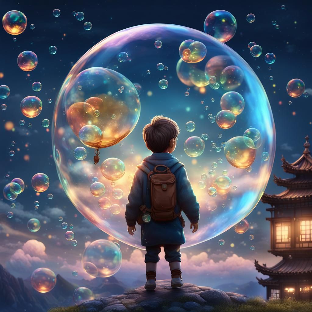Boy in Bubble Floating in Fantasy Sky