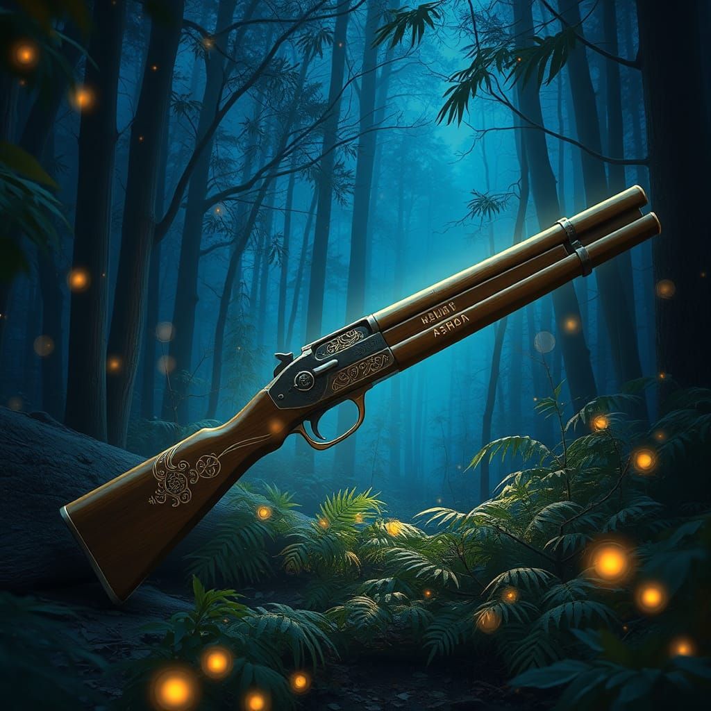 Mystical Bamboo Gun in Eerie Forest Landscape