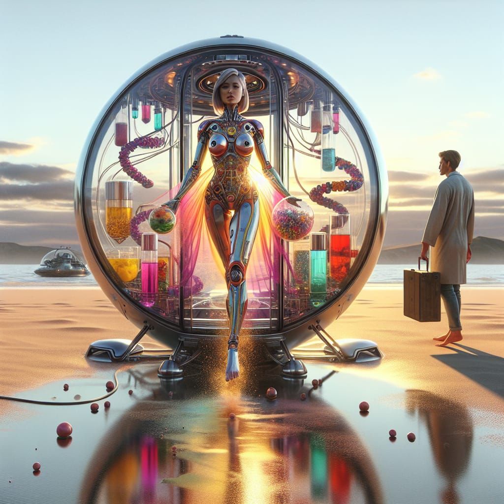 Robot Emerges on Beach with Gifts, in Street Art Style