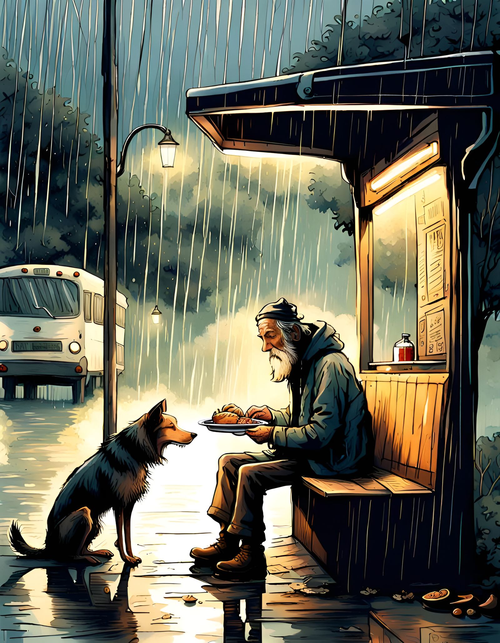 Homeless Man Shares Meal with Dog in Rain