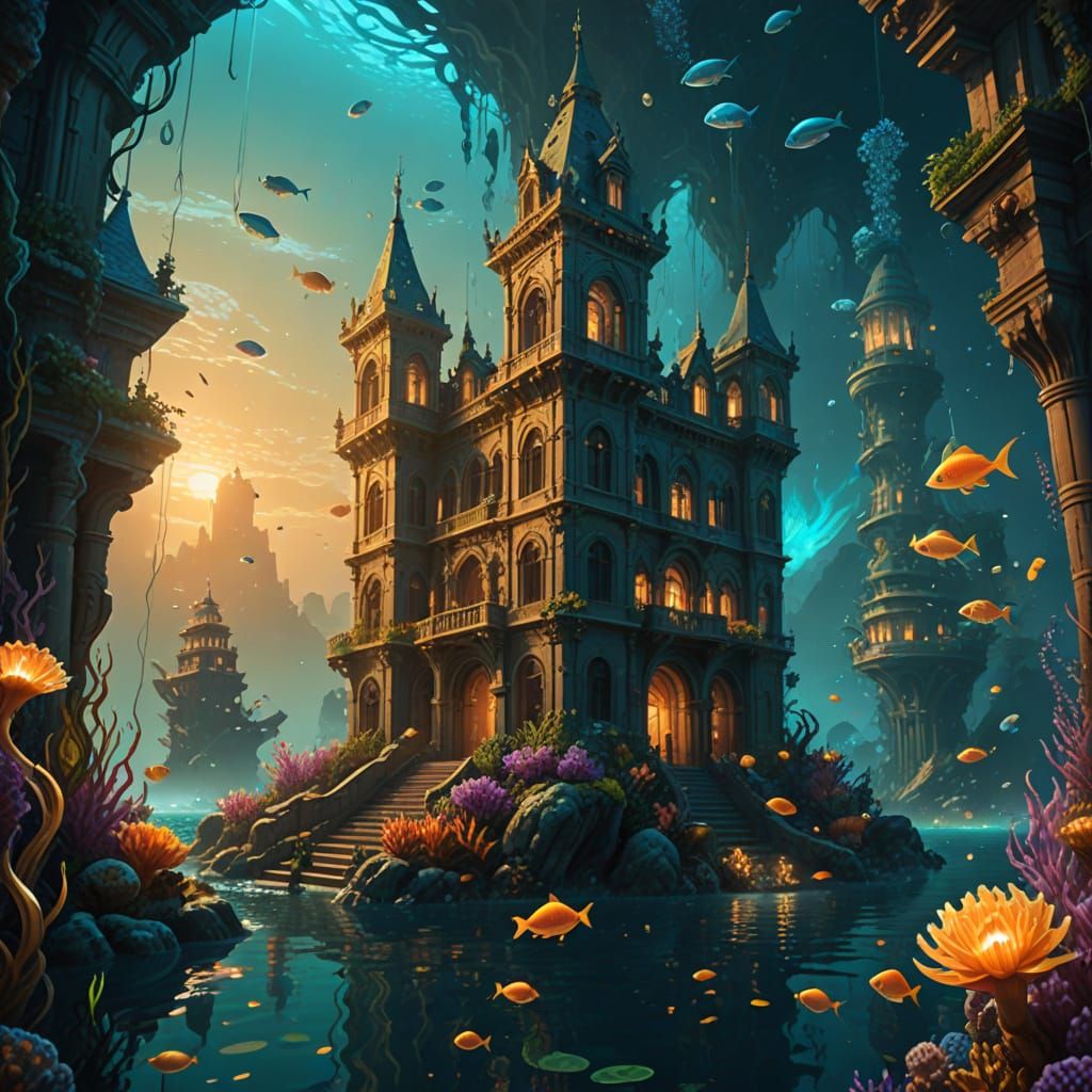 Bioluminescent Merfolk City Under the Waves