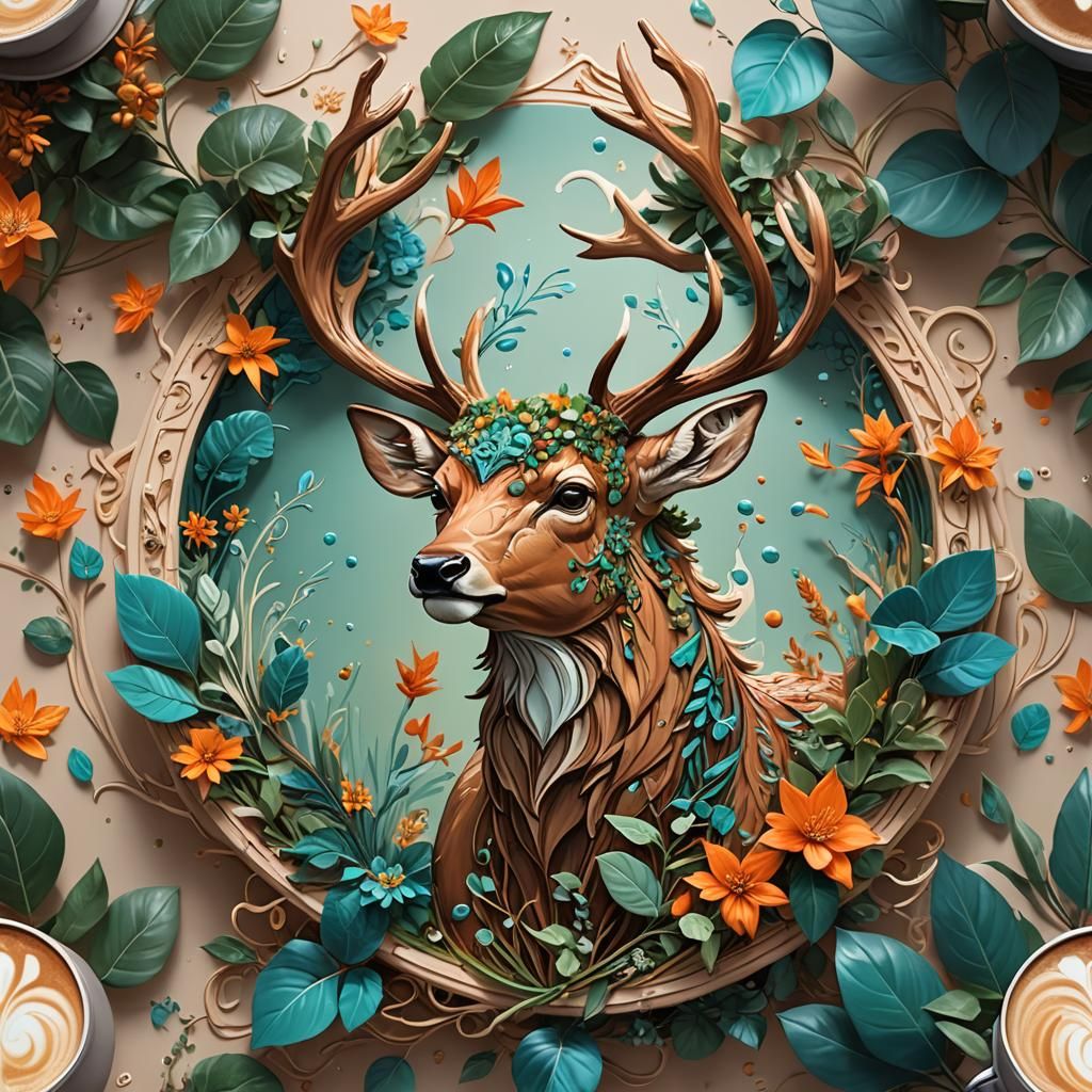 Detailed Deer Latte Art in Orange and Teal