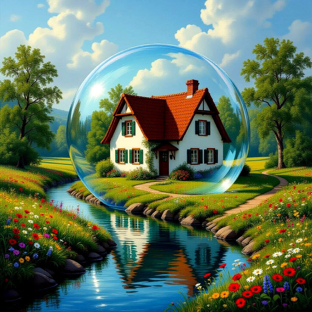 Idyllic Cottage Encased in Bubble, Romanticism Style