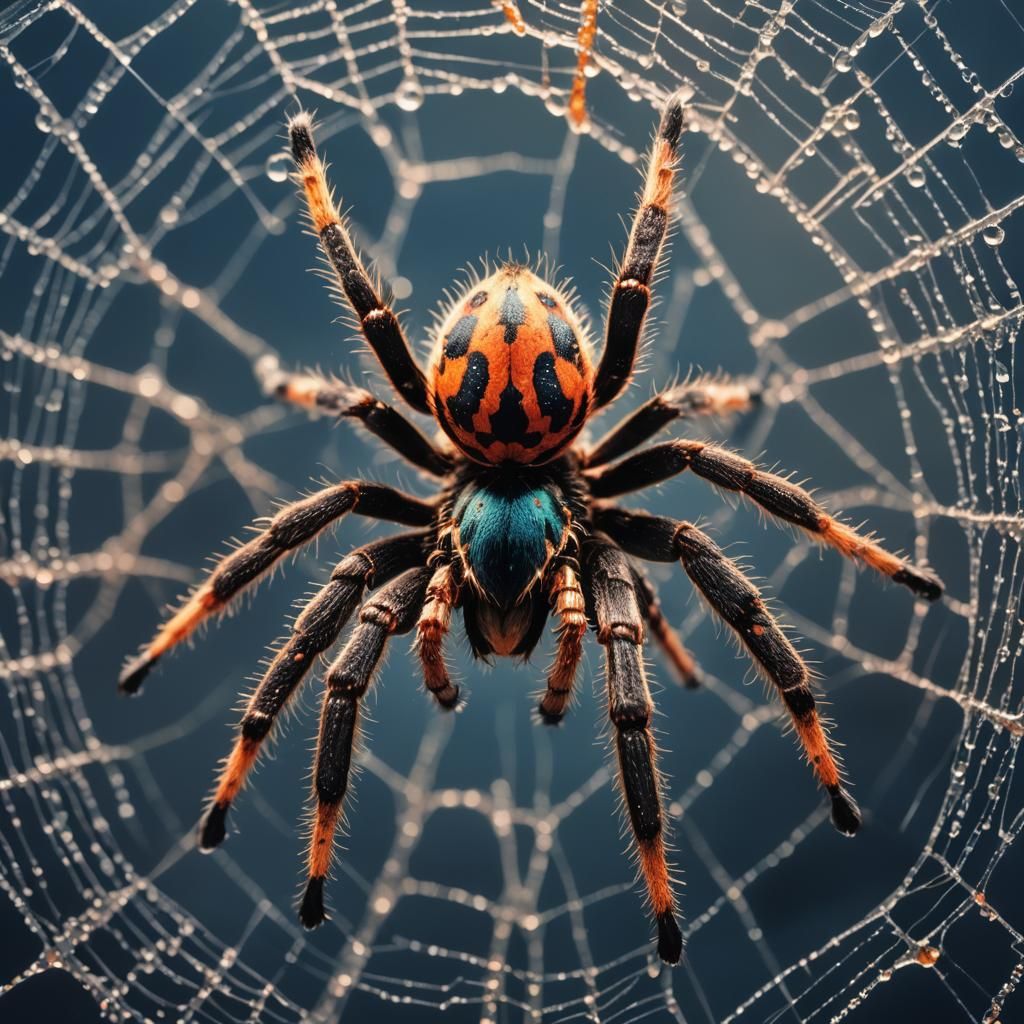 Colorful Furry Tarantula on Web in Hyperrealism