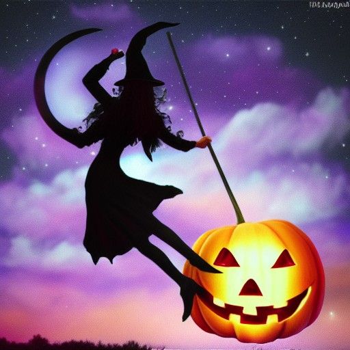 Halloween Witch Silhouette Under Moonlit Sky