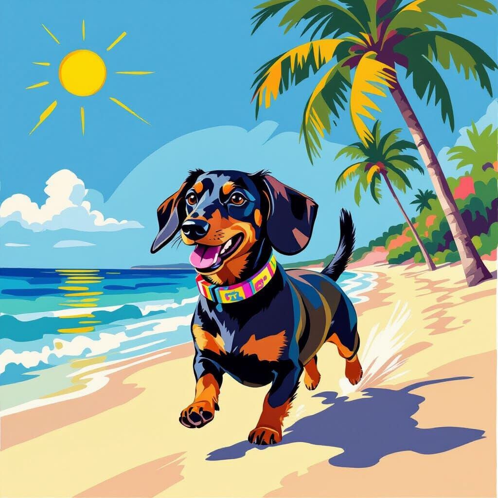 Dachshund on Sunny Beach in Vibrant Art Style