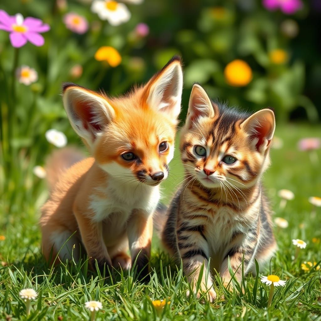 Fox Cub and Kitten Play in Sunny Garden