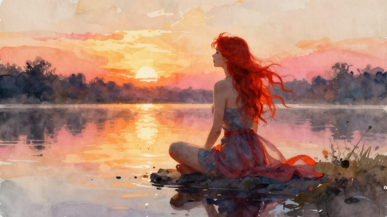 Woman Gazing at Reflection in Serene Lake at Dawn