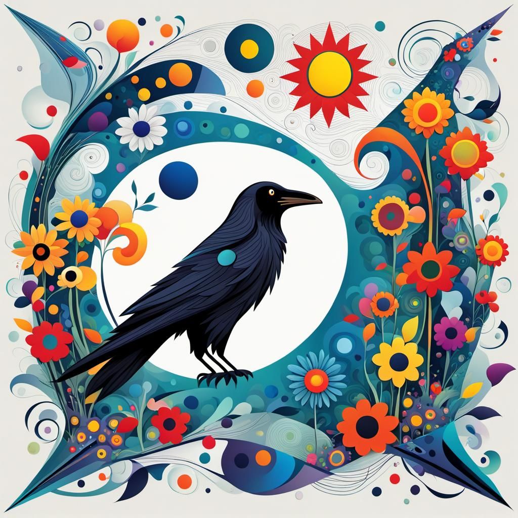 Crow and Cat in Flower Garden: Kandinsky Style