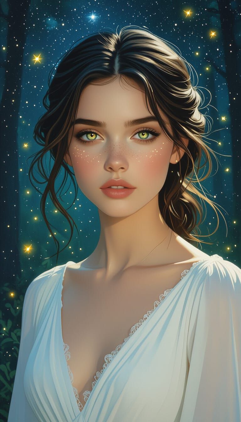 Ethereal Woman with Firefly Eyes in Starry Forest