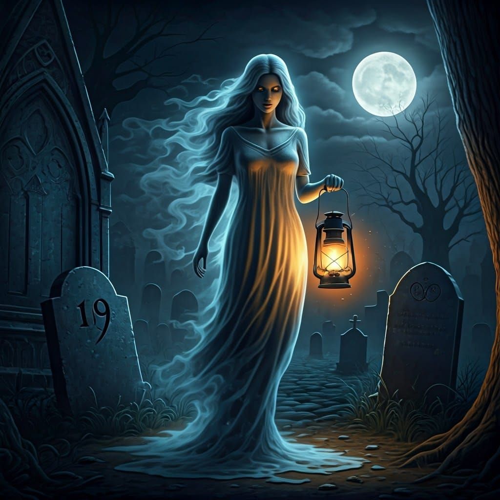 Ghost Witch in Haunted Cemetery Illustration