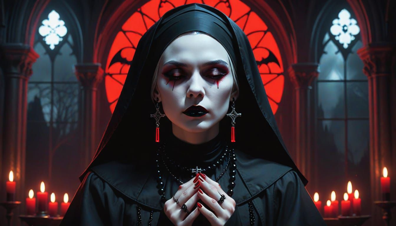 Gothic Nun Praying in Neon Noir Style
