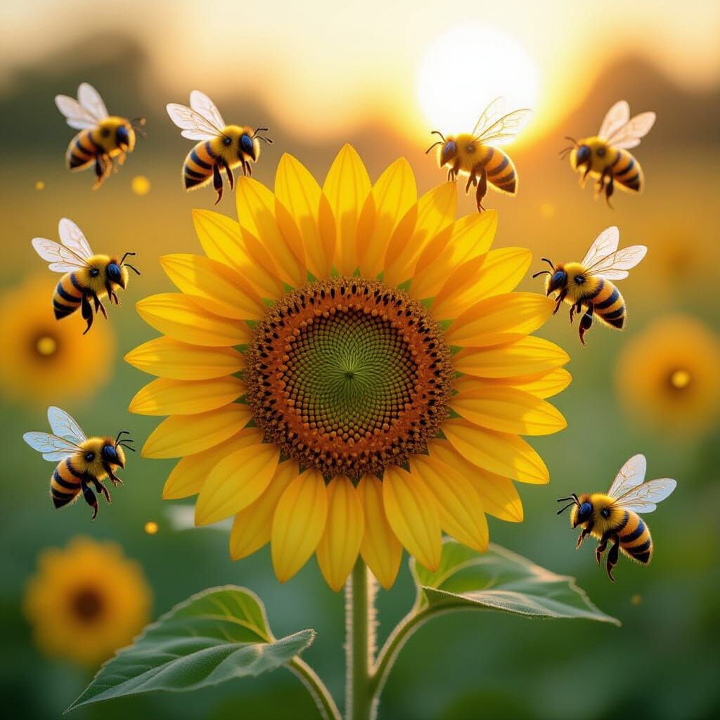 Cheerful Bees Buzz Around Giant Sunflower in Golden Hour Lig...