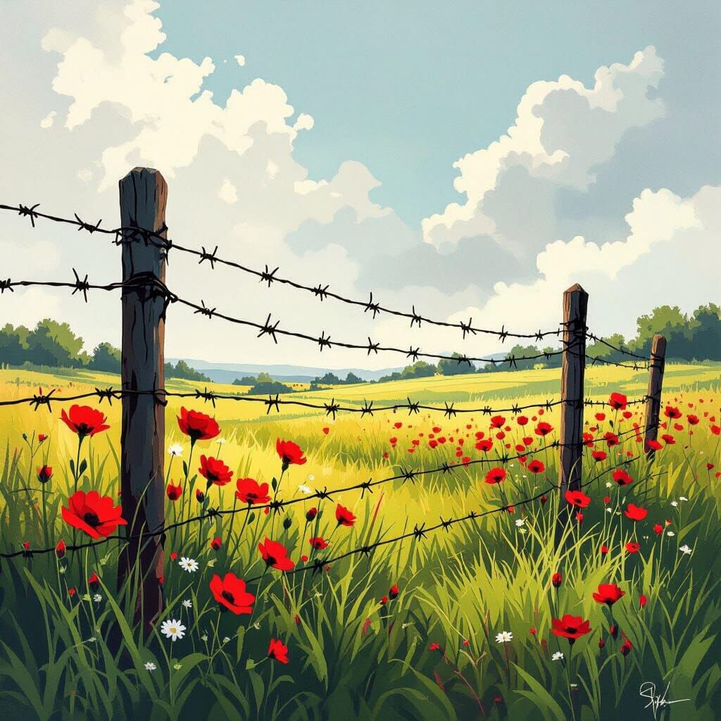 Whimsical Watercolor Landscape with Barbed Wire Fence