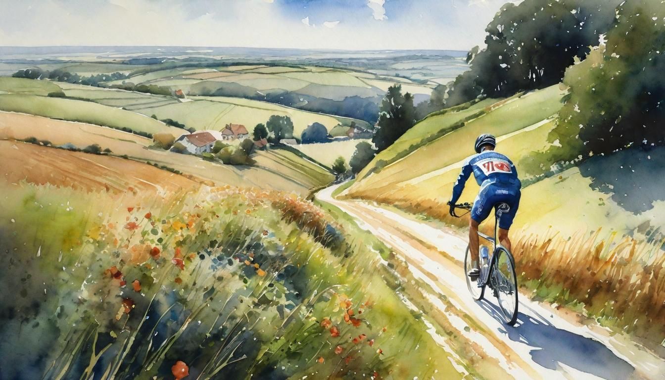 Watercolor Bicycle Rider in Summer Countryside