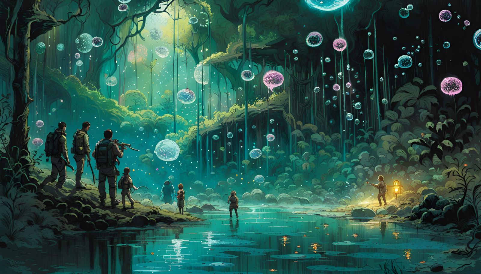 Enchanted Forest Cenote with Bioluminescent Bubbles