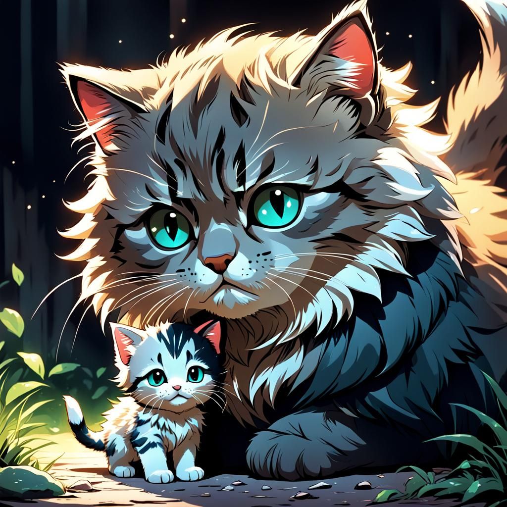 Adorable Kitten with Father: Anime Cel-Shaded Art