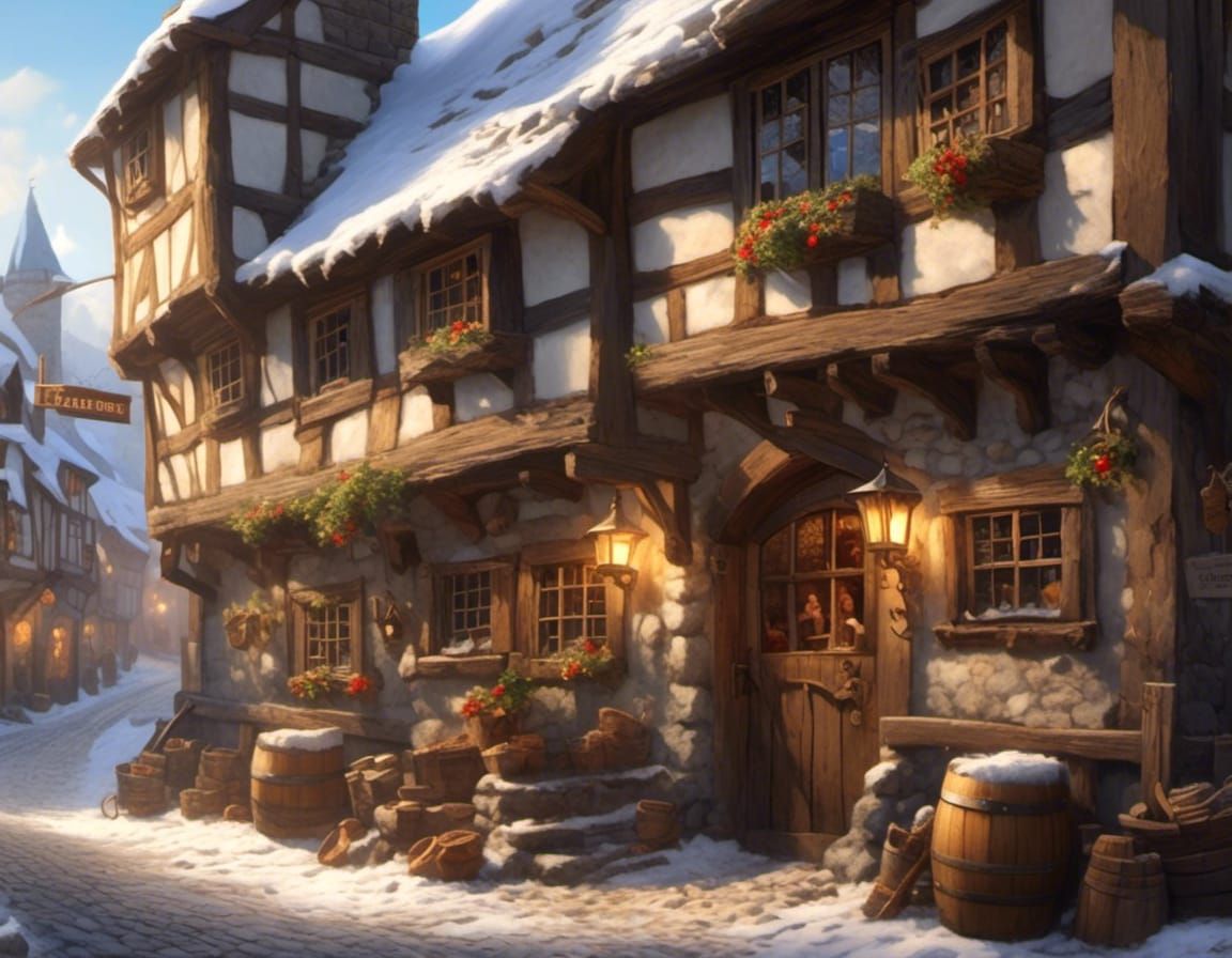 Hyperrealistic Medieval Inn with Axe and Shield Sign