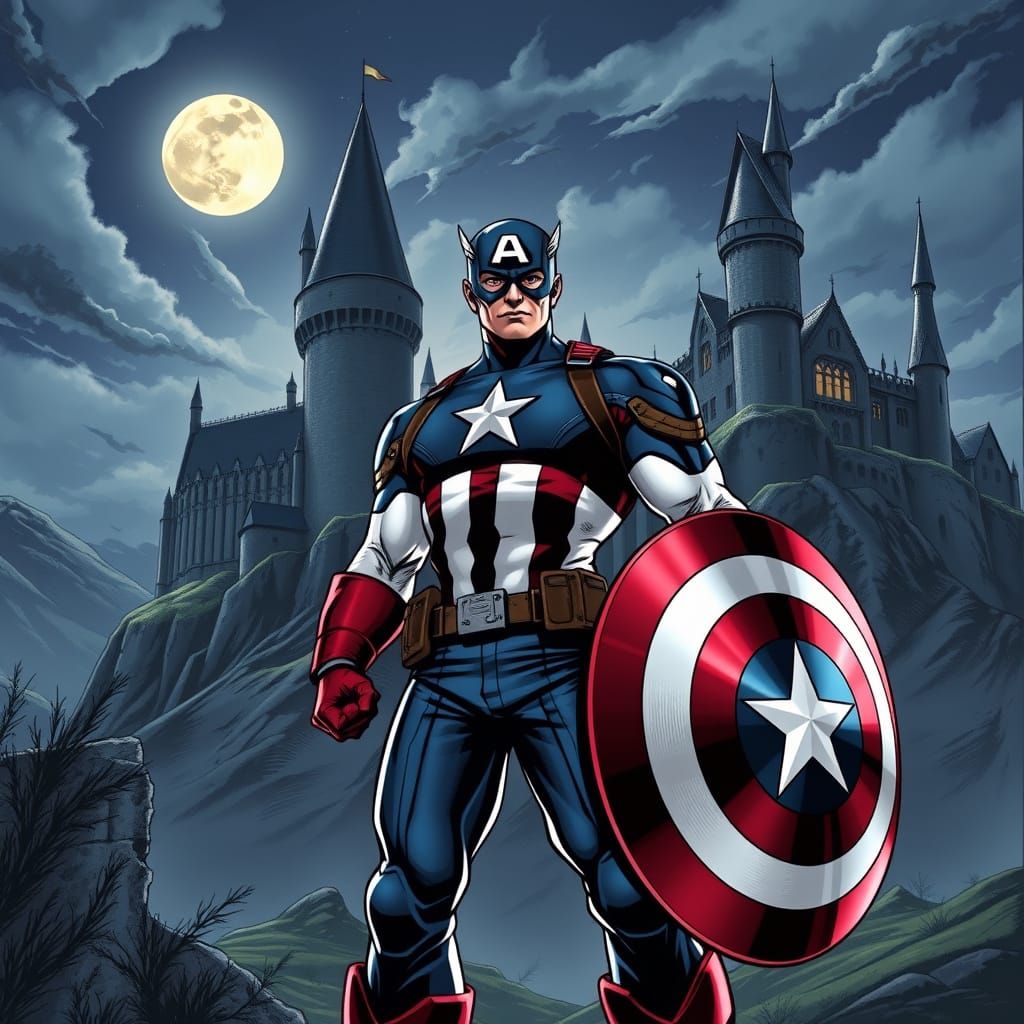 Captain America Stands Vigilant Before Hogwarts in a Dynamic...