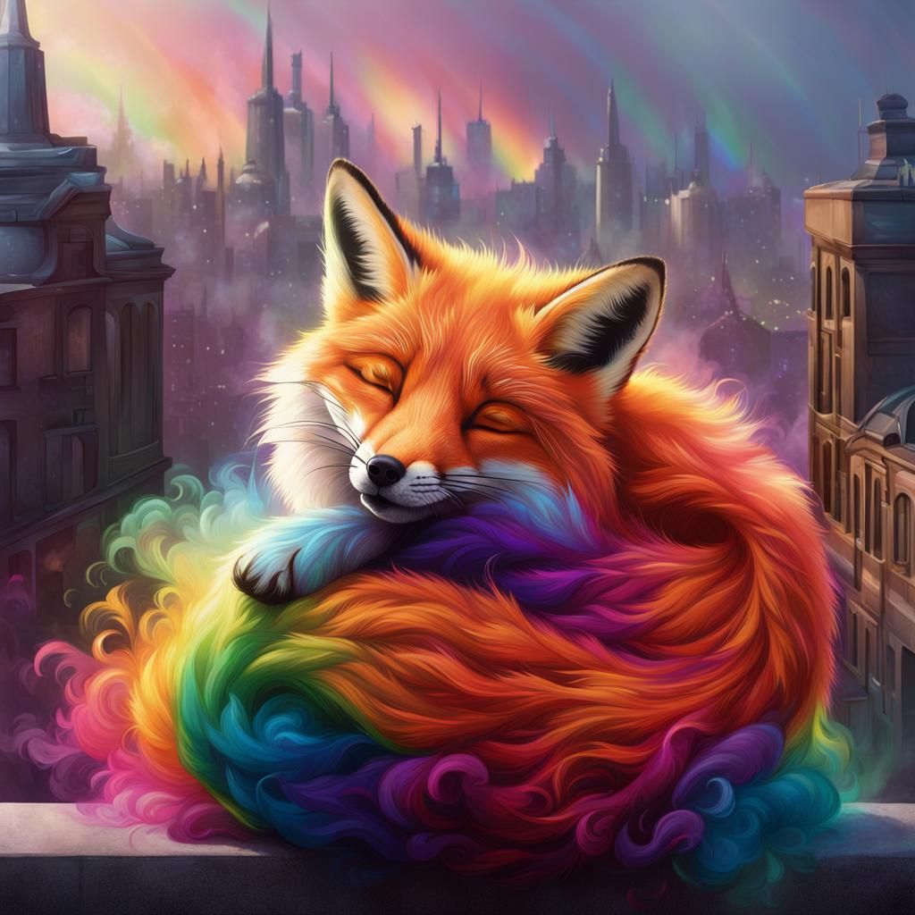 Fluffy Fox Sleeping in City with Rainbow Smoke