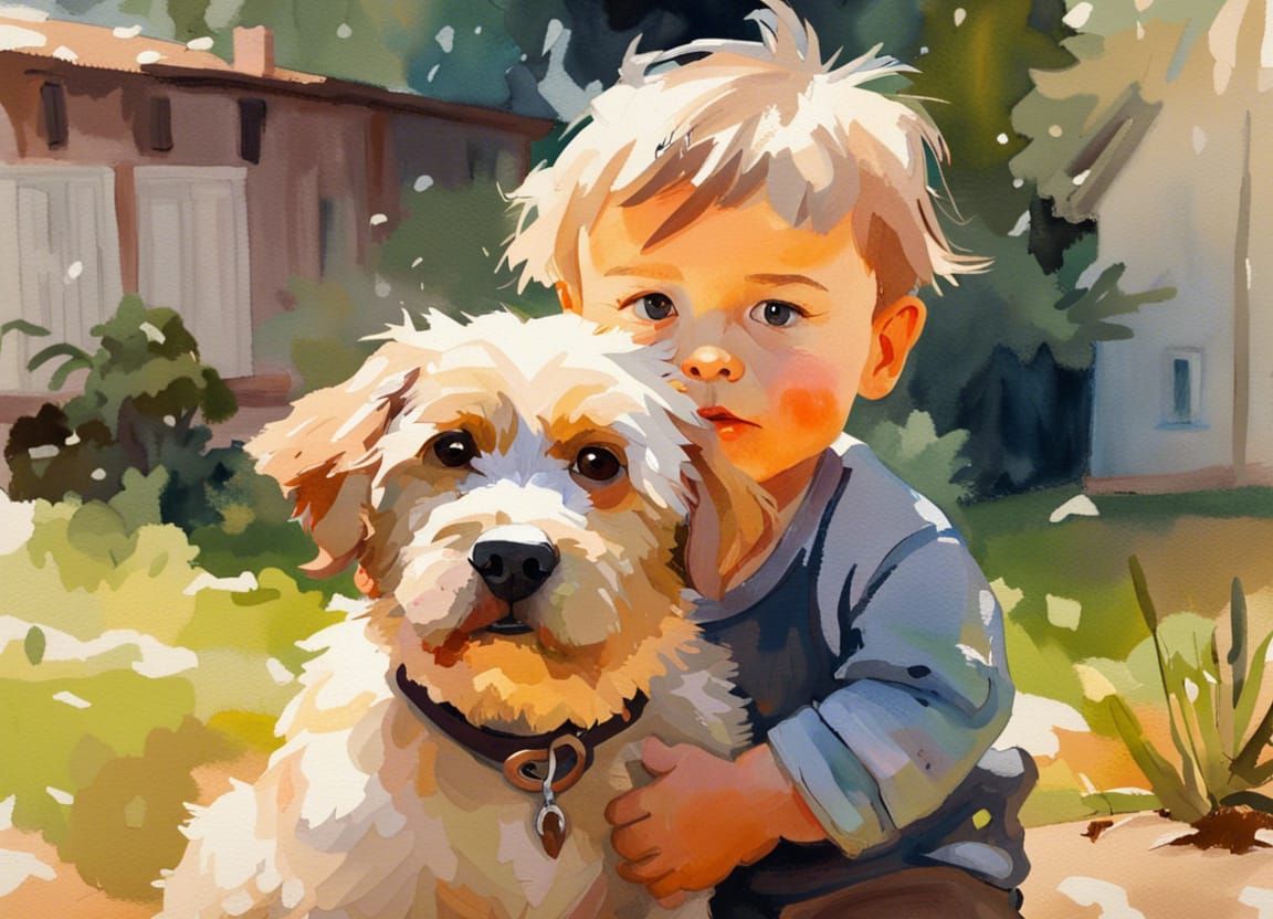 Toddler and Dog: Impressionist Gouache Style Portrait