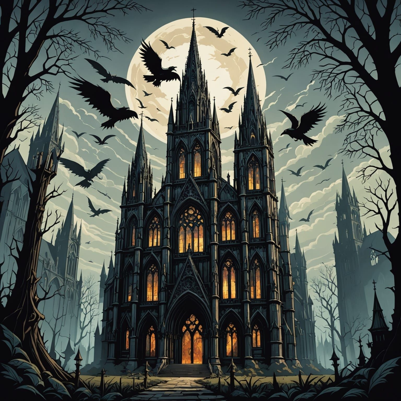 Gothic Cathedral in Mist-Shrouded Forest: Dark Fantasy Art