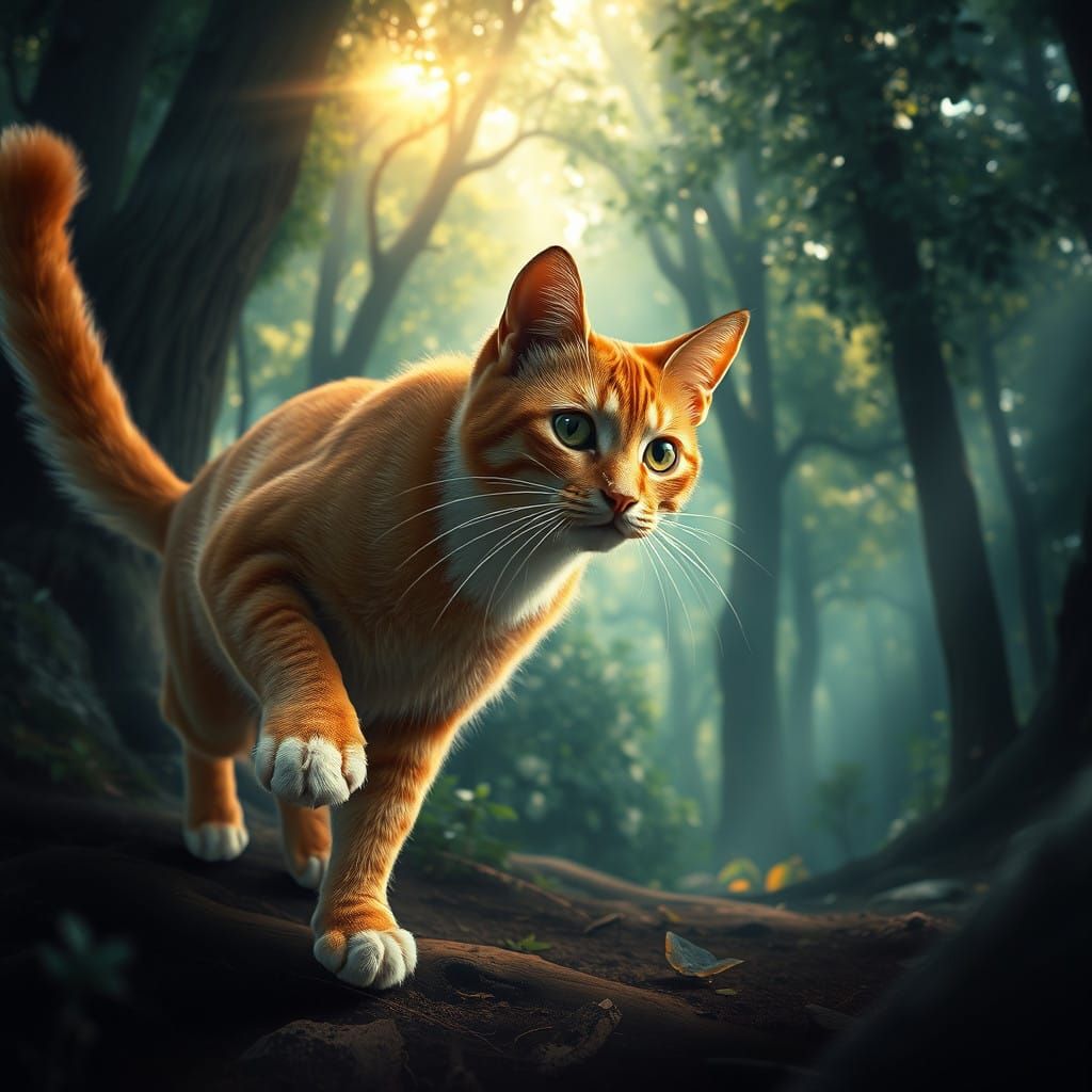 Majestic Orange Tabby Cat Roams Whimsical Fantasy Forest