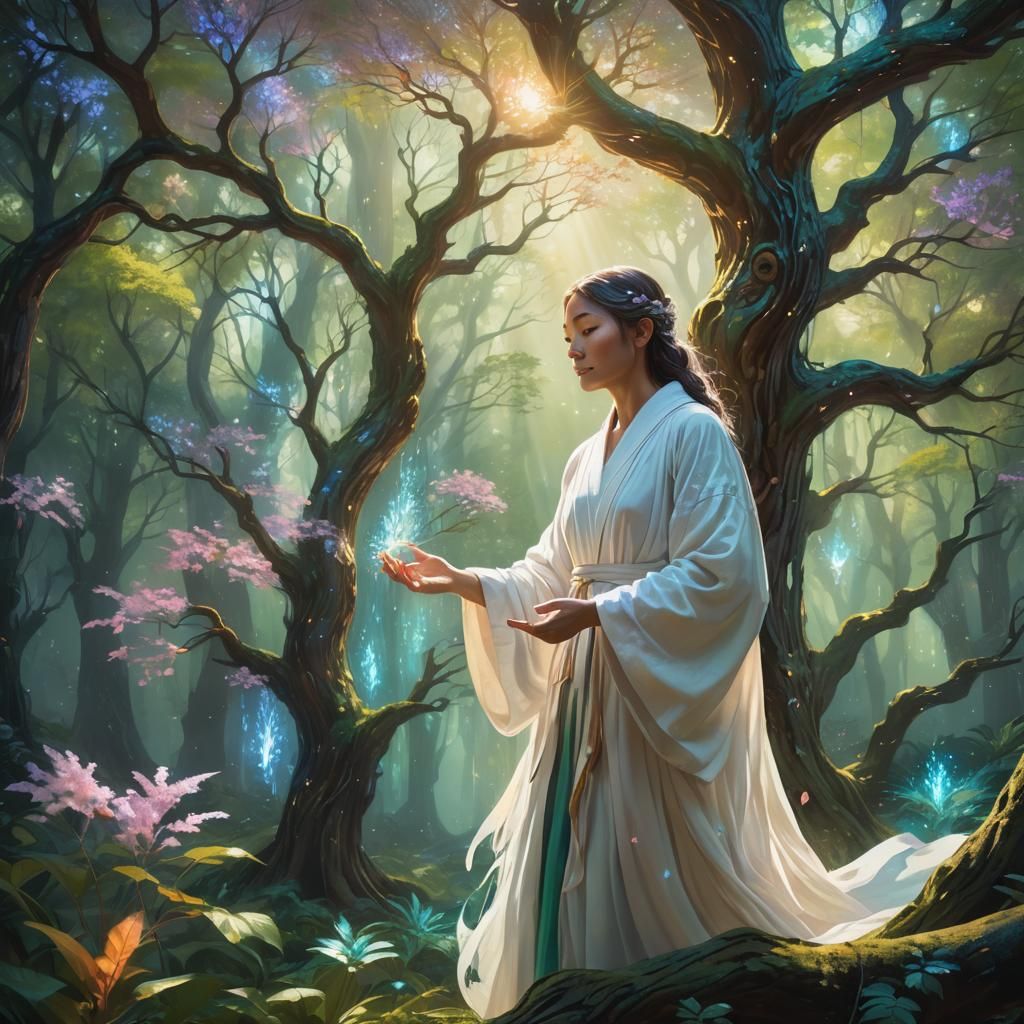 Caregiver Nurturing Iridescent Tree: Fantasy Concept Art