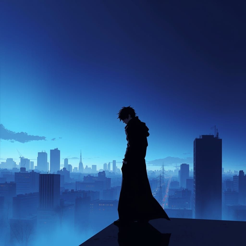 Lone Figure in Desolate Cityscape, Anime-Inspired Key Visual