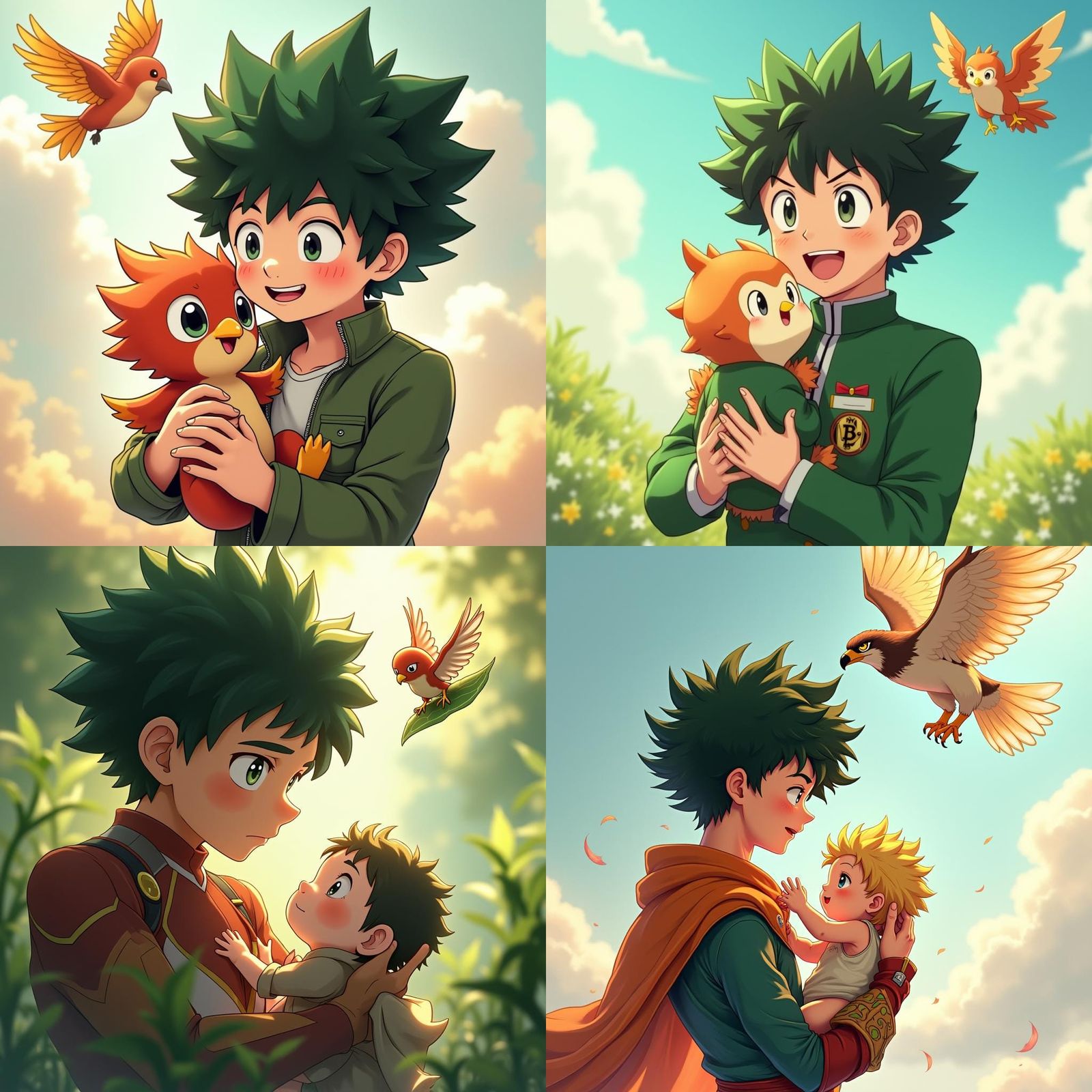 Anime Style Izuku Midoriya with Baby Companions