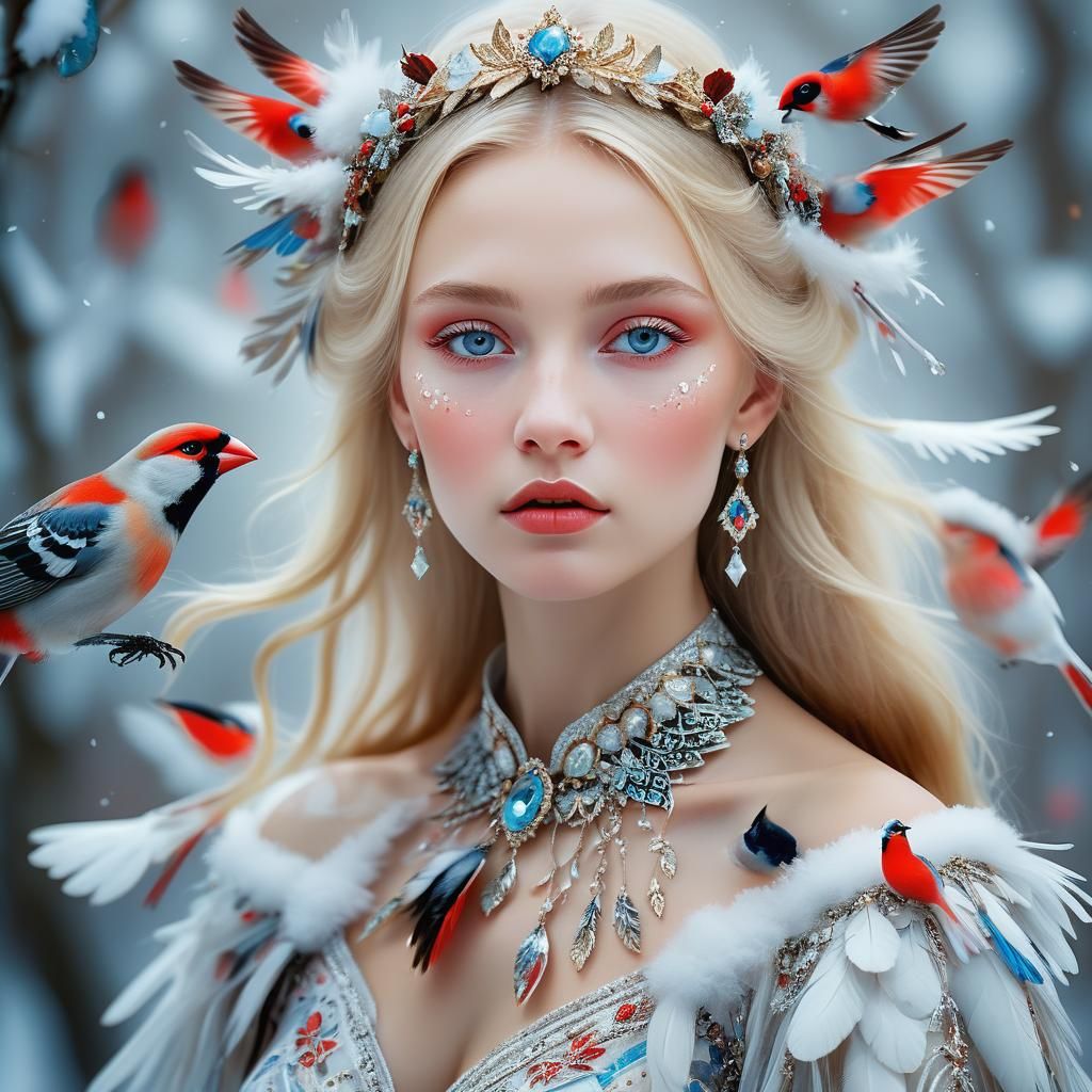 Ethereal Russian Princess with Bullfinches, Krymov Style